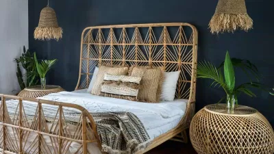 Vật liệu xây dựng từ tre nứa, gỗ tái chế, mây tre đan có thể giúp mang lại 1 không gian phòng ngủ thoải mái và thân thiện (ảnh: Internet)