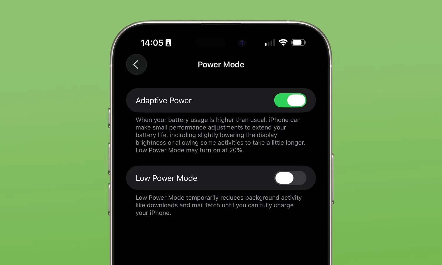 Chế độ Adaptive Power Mode trên iOS 26