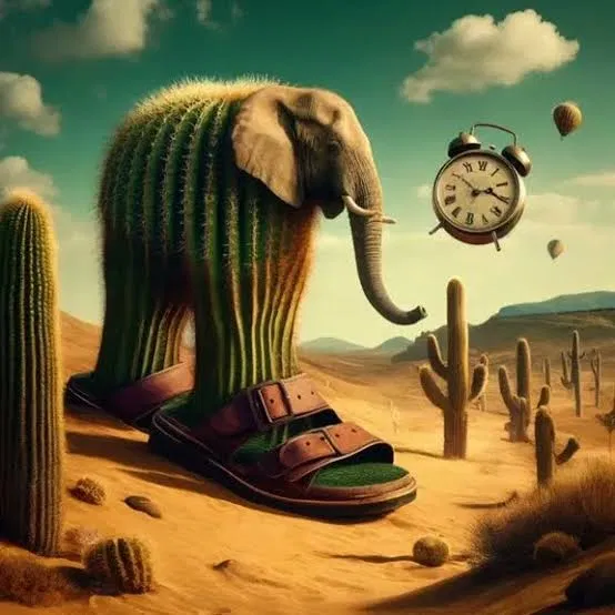 Voi sa mạc hai chân, mang sandal khổng lồ, có đồng hồ ticking trên người.