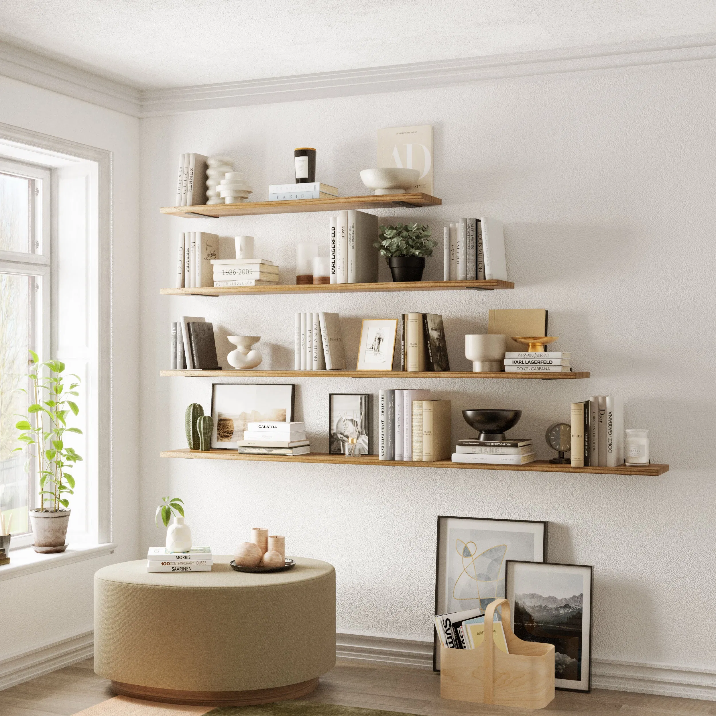 Sử dụng kệ treo tường, tủ sách thấp hoặc để sách ở không gian khác như phòng làm việc hay phòng ngủ