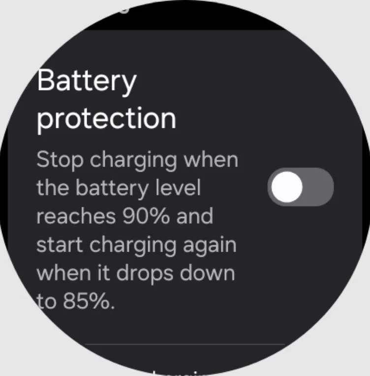 Cài đặt bảo vệ pin trên đồng hồ Galaxy Watch 8 (Ảnh: Internet) Cài đặt bảo vệ pin trên đồng hồ Galaxy Watch 8 (Ảnh: Internet)