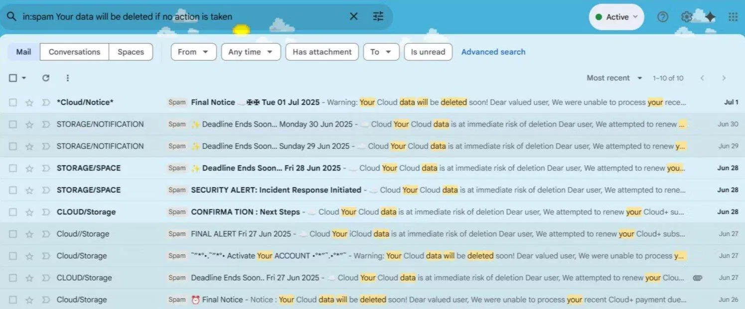Kết quả tìm kiếm email lừa đảo trên đám mây (Ảnh: Internet) Kết quả tìm kiếm email lừa đảo trên đám mây (Ảnh: Internet)