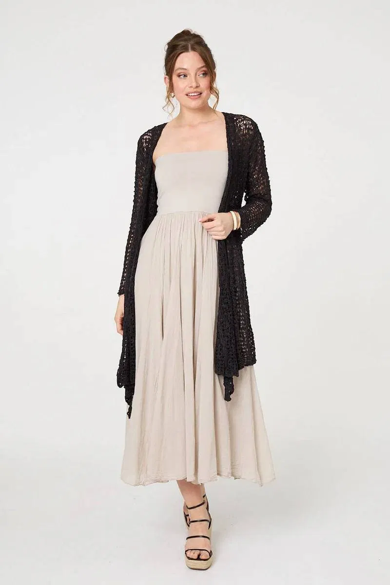 Váy midi nhún eo + cardigan dáng dài
