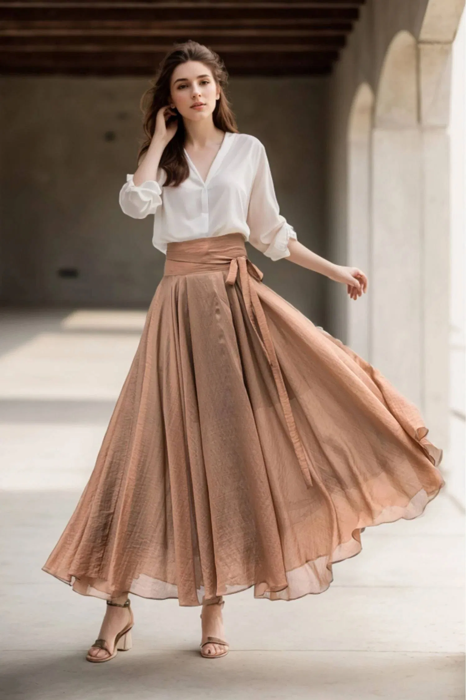 Chân váy xếp ly cạp cao + áo sơ mi