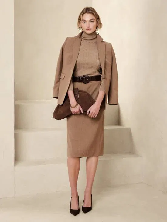 Váy midi dệt kim thắt lưng + áo blazer
