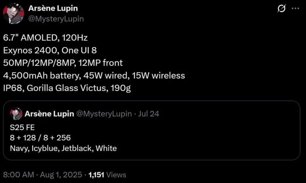 Thông số kỹ thuật của điện thoại Galaxy S25 FE được tiết lộ bởi Arsene Lupin (Ảnh: Internet)