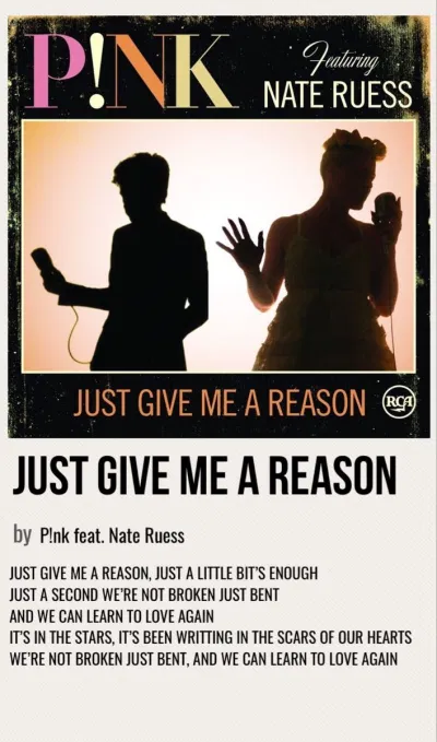 Bài hát "Just Give Me a Reason". Nguồn: Internet Bài hát "Just Give Me a Reason". Nguồn: Internet
