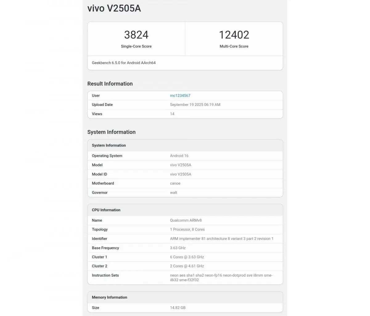 Điểm Geekbench của iQOO 15 (Ảnh: Internet)