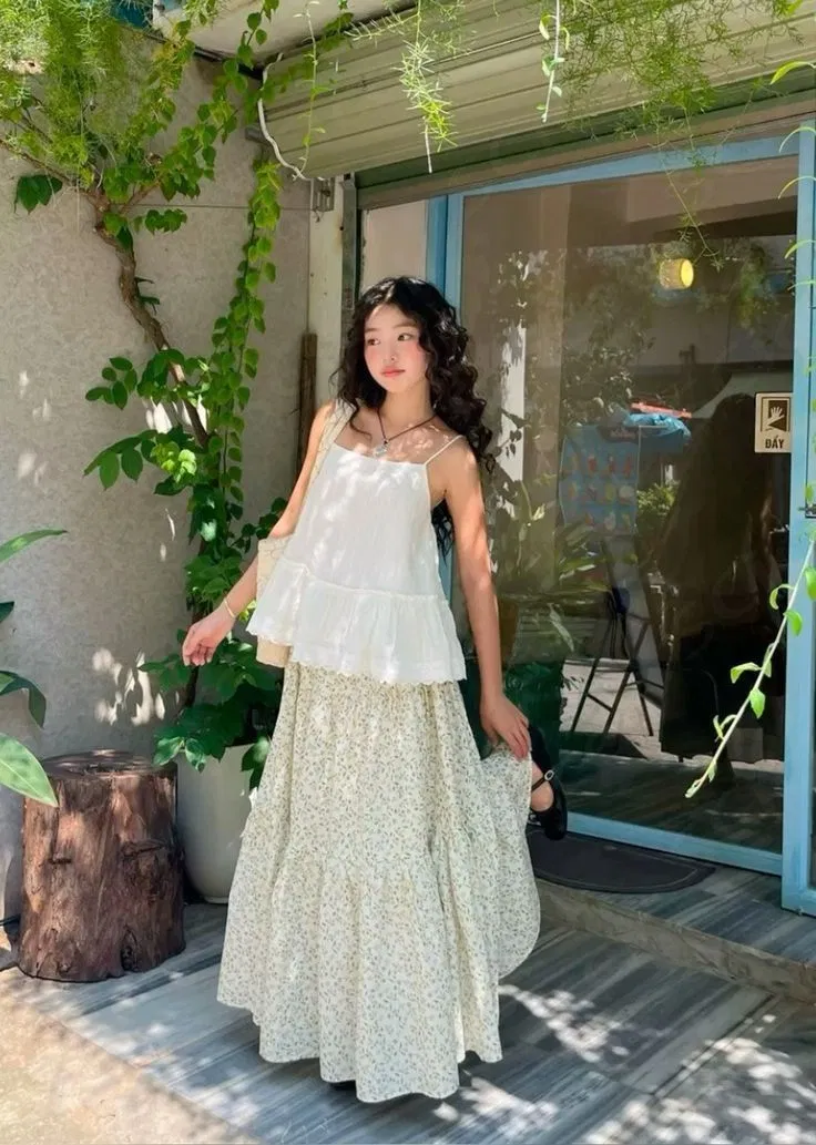 Áo babydoll cùng chân váy dài ngọt ngào