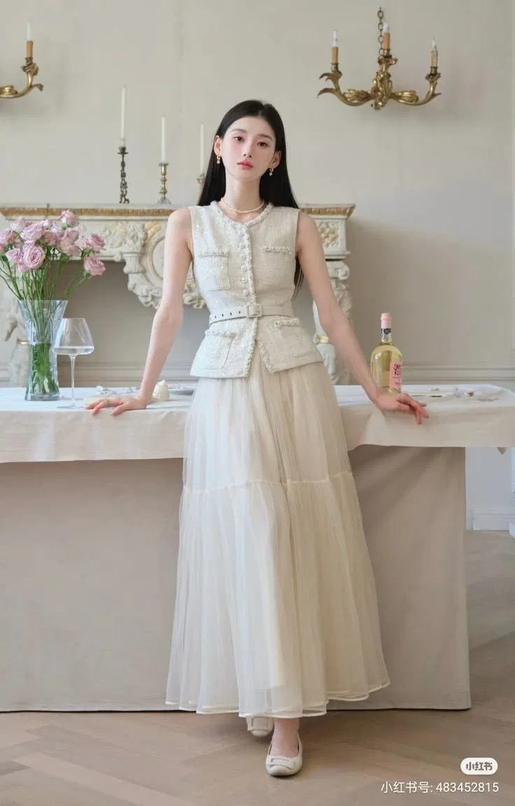 Phối đồ với chân váy dài và áo tweed