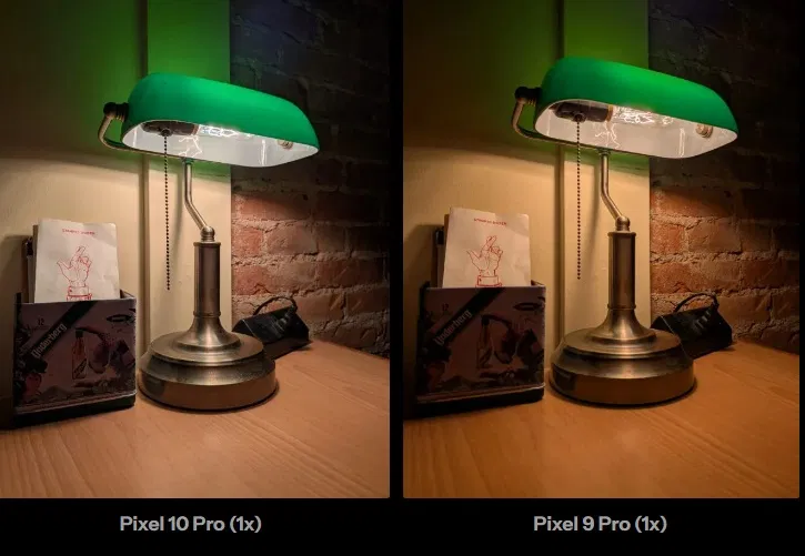 Ảnh chụp một chiếc đèn trong một quán bar thiếu sáng, được chụp bằng Pixel 10 Pro và Pixel 9 Pro (Ảnh: Internet)