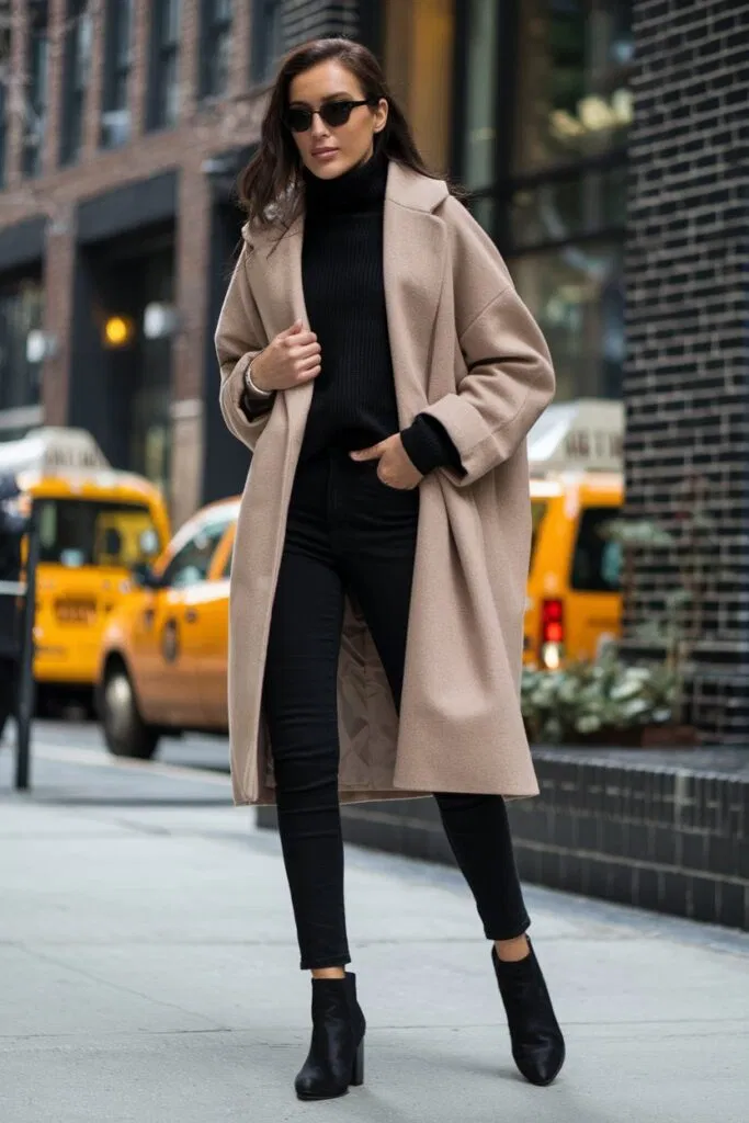 Áo cổ lọ phối trench coat và bốt cổ ngắn