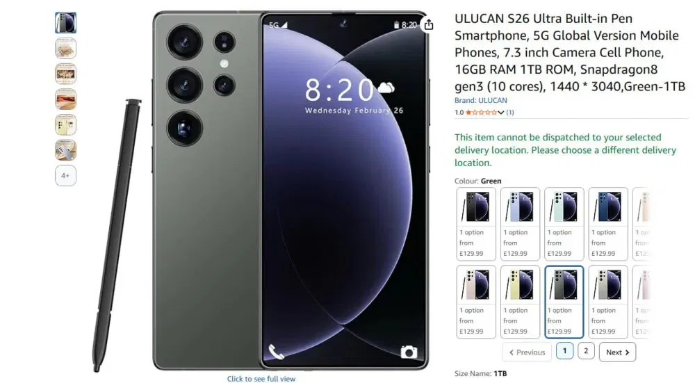 Điện thoại ULUCAN ăn theo Galaxy S26 Ultra được bán trên Amazon (Ảnh: Internet)