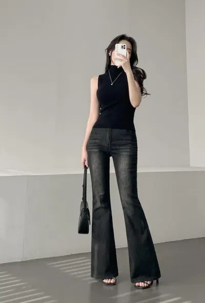 Quần ống loe jean cạp cao
