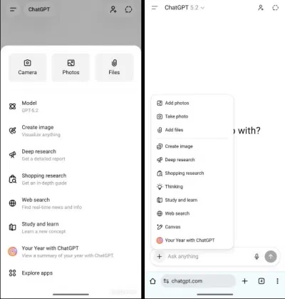 Menu đính kèm của ChatGPT hiện tại và trên web (Ảnh: Internet) Menu đính kèm của ChatGPT hiện tại và trên web (Ảnh: Internet)