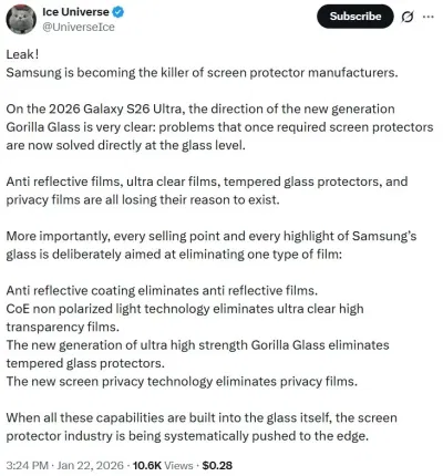 Ice Universe tiết lộ về loại kính mới của điện thoại Galaxy S26 Ultra (Ảnh: Internet) Ice Universe tiết lộ về loại kính mới của điện thoại Galaxy S26 Ultra (Ảnh: Internet)