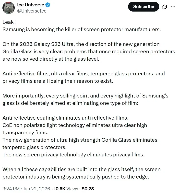 Ice Universe tiết lộ về loại kính mới của điện thoại Galaxy S26 Ultra (Ảnh: Internet)
