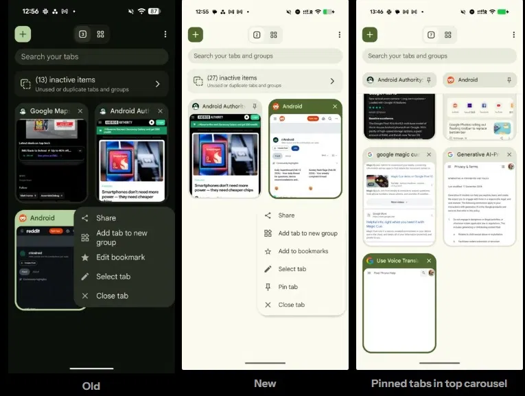 So sánh giao diện cũ và mới của Chrome với tính năng ghim tab (Ảnh: Internet)