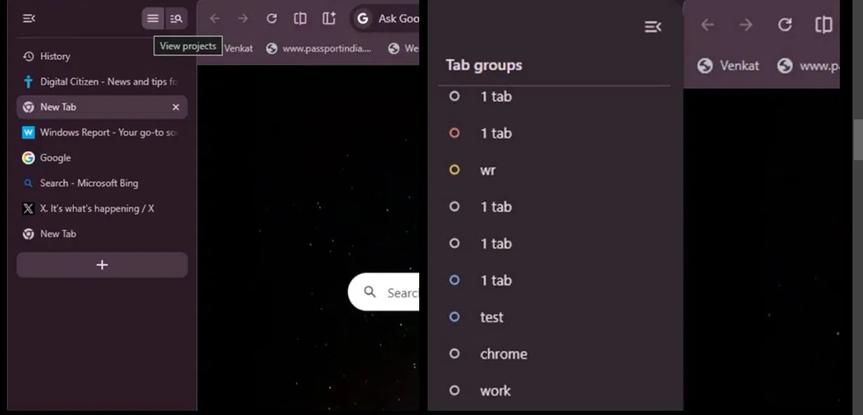 Giao diện tab dọc và Dự án của trình duyệt Chrome (Ảnh: Internet)