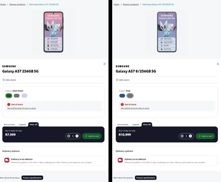 Thông tin về điện thoại Galaxy A37 trên trang web của Vodacom (Ảnh: Internet)