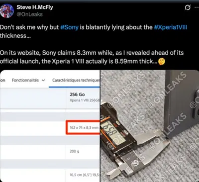 Bài đăng của OnLeaks cho thấy điện thoại Xperia 1 VIII dày 8,59mm chứ không phải 8,3mm như Sony tuyên bố (Ảnh: Internet) Bài đăng của OnLeaks cho thấy điện thoại Xperia 1 VIII dày 8,59mm chứ không phải 8,3mm như Sony tuyên bố (Ảnh: Internet)