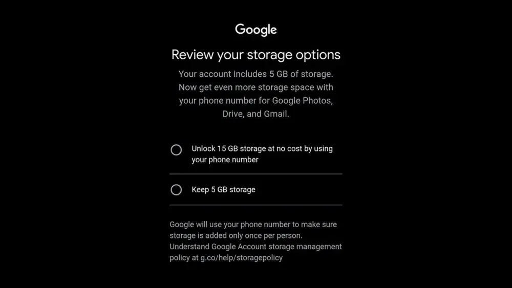 Thông báo của Google về việc thay đổi dung lượng lưu trữ khi đăng ký tài khoản Gmail (Ảnh: Internet)